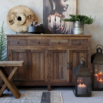 Bufet rustic din lemn reciclat, natur, cu 4 uși cu panouri, 4 sertare și mânere din metal, finisaj ușor învechit, 105 x 160 x 46 cm, „Grimaud” - Img 2