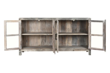 Bufet rustic din lemn reciclat, natur, cu 4 uși vitrate și mânere din metal negru, 90 x 170 x 40 cm, „Valmira” - Img 4