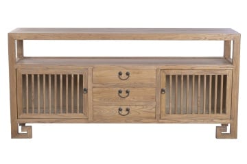 Bufet rustic în stil oriental, din lemn de ulm reciclat, natur, cu 2 uși cu grilaj, 3 sertare și raft deschis, 80 x 170 x 40 cm, „Largentière”