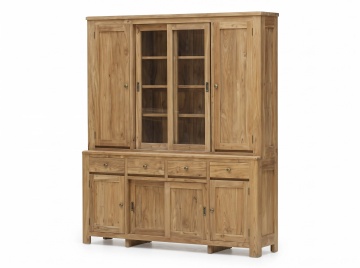 Bufet vitrină rustic din lemn de tec reciclat, maro, cu 8 uși, dintre care 2 vitrate glisante, 3 rafturi și 4 sertare, 220 x 215 x 50 cm, „Buis”