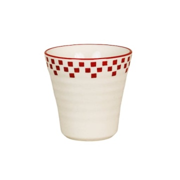 Cană din ceramică artizanală, natur, cu motive geometrice pictate manual roșu și bordură decorativă, fără mâner, 10×10 cm, „Marion"