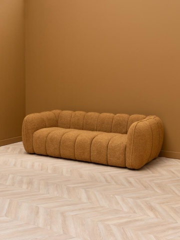 Canapea 3 locuri din catifea muștar, cu textură în relief, picioare din lemn masiv, aspect retro, 69×220×102 cm, „Biskit" - Img 6