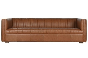 Canapea 4 locuri din piele naturală cognac, cu canale verticale și brațe la înălțimea spătarului, aspect retro, 73 x 246,5 x 92 cm, „Cognac”