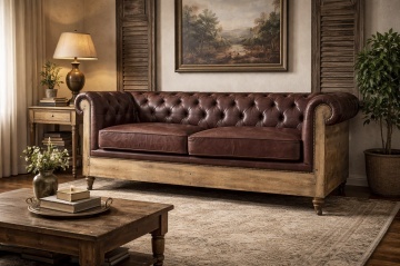 Canapea Chesterfield 2 locuri din piele naturală maro închis, cu cadru din lemn de mango și iută la vedere, pe roți, 80 x 190 x 77 cm, „Cassis” - Img 2