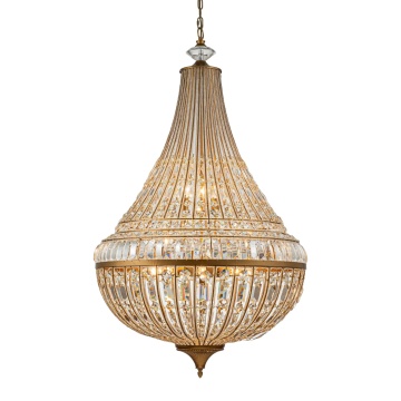 Candelabru din metal, auriu, în stil Empire, cu cristale din sticlă și 12 becuri, 135 x 80 cm, „Colosseo”
