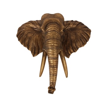 Cap de elefant decorativ de perete din polirășină, auriu, cu fildeși și urechi desfăcute, finisaj antichizat, 61 x 62,5 x 20 cm, „Mysore”