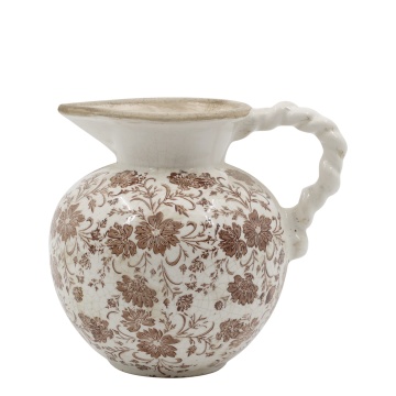 Carafă albă din ceramică antichizată, pictată manual, cu motiv floral natur, 18,5x20,5 cm, „Grenoble"