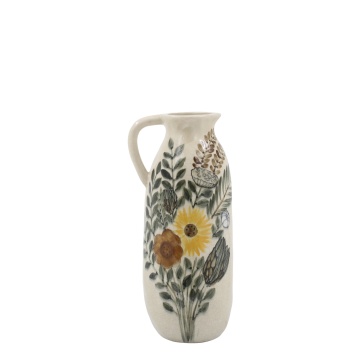 Carafă decorativă din ceramică cu motiv floral, H36/D16 cm, crem