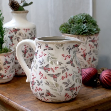 Carafă din ceramică cu frunze și fructe de pădure, aspect vintage, H15.5/L16/W13 cm - Img 2