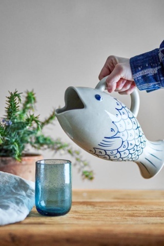 Carafa din ceramică natur în formă de pește cu solzi marini pictați manual albastru, 13×17,5 cm, "Eimy" - Img 2