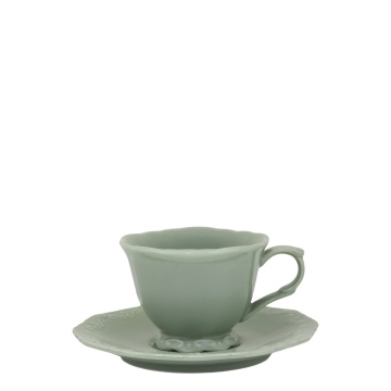 Cească cu farfurioară din porțelan verde mentă, D9.5 cm, model dantelă în relief, „Provence"