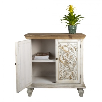 Comodă cu 2 uși, vintage, shabby chic, din lemn, alb, cu blat natur, raft interior și decor sculptat, 100 x 91 x 38 cm, „Fleur de Lys” - Img 3