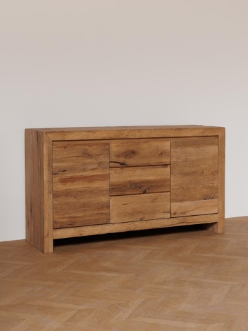 Comodă cu uși și sertare, rustică, din lemn de stejar, natur, cu 3 sertare, 2 uși, 2 rafturi și ramă lată, 90 x 160 x 48 cm, „Newhill” - Img 3