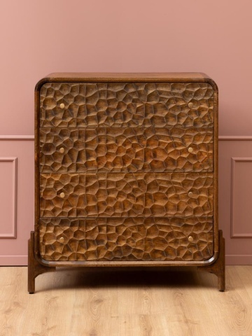 Comodă din lemn de mango cu 4 sertare , natur, cu decor sculptat în relief și mânere din alamă, 120x45x99 cm, „Atlas" - Img 2