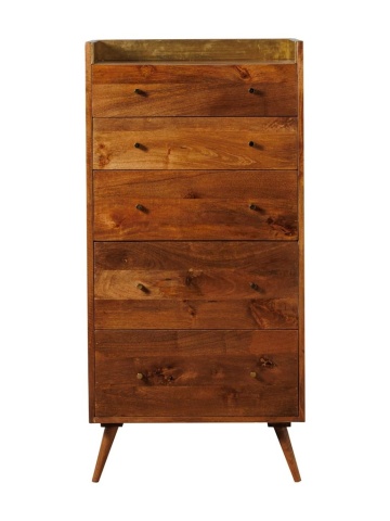 Comodă înaltă cu 5 sertare, din lemn de mango, maro, cu bordură din alamă și picioare înclinate, 124 x 60 x 44 cm, „Niccolo”