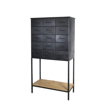 Comodă neagră din lemn reciclat și metal cu 15 sertare și raft 75x40x146 cm, „Quinze"