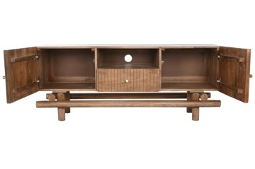 Comodă TV din lemn de mango, natur, cu 2 uși cu caneluri, 1 sertar, nișă deschisă și bază din bare rotunde, 60 x 145 x 42 cm, „Odelin” - Img 4