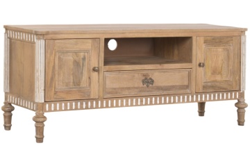 Comodă TV din lemn masiv de mango, finisaj natural maro, 2 uși, 1 sertar și nișă deschisă, 133 x 42 x 55 cm, „Classic" - Img 3