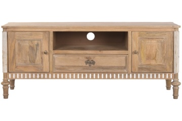 Comodă TV din lemn masiv de mango, finisaj natural maro, 2 uși, 1 sertar și nișă deschisă, 133 x 42 x 55 cm, „Classic" - Img 2