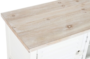 Comodă TV joasă din lemn, alb, cu blat natur, 3 uși, 3 rafturi, lamele tip jaluzea și ușă centrală din sticlă, 45 x 120 x 40 cm, „Pure Living” - Img 2