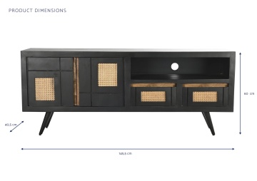 Comodă TV living din lemn de mango, negru, cu 2 uși, 2 sertare, nișă deschisă și inserții din ratan împletit, 60 x 145,5 x 40,5 cm, „Cheverny” - Img 10