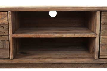 Comodă TV living din lemn reciclat, natur, cu 4 sertare, nișă deschisă cu raft și picioare oblice, 48 x 130 x 40 cm, „Rustin” - Img 2