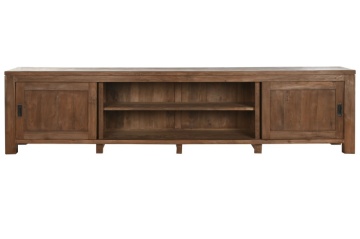 Comodă TV lungă din lemn de tec reciclat, natur, cu 2 uși glisante, 4 sertare și raft central, 60 x 250 x 45 cm, „Varindra” - Img 5