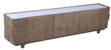 Comodă TV sculptată din lemn de mango, maro, cu 3 uși, blat din marmură și relief geometric, 55,88 x 185,4 x 35,56 cm, „Jouques”