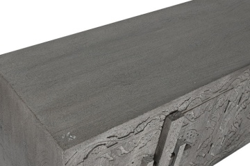 Comodă TV sculptată lungă din lemn masiv, gri, cu 6 uși, 3 rafturi și zăvoare din lemn, finisaj patinat, 61 x 200 x 40 cm, „Arvane” - Img 5