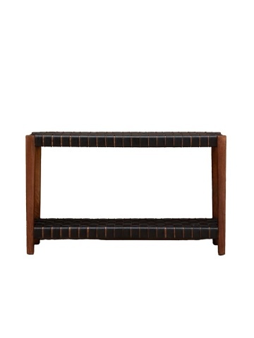 Consolă din lemn de mango și piele naturală împletită, cu 2 niveluri, maro antichizat, finisaj satinat, 130×35×78.5 cm, „Klami"