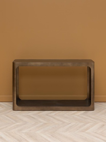Consolă hol eclectică din metal și sticlă, auriu, cu raft jos, blat din sticlă fumurie și laterale cu deschideri rotunjite, 76 x 130 x 40 cm, „Lexton” - Img 2