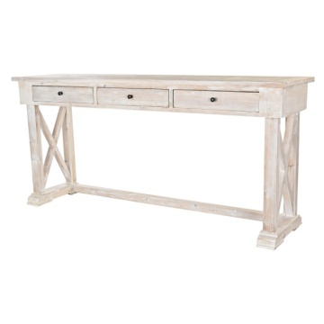 Consolă hol în stil farmhouse, din lemn de pin reciclat, natur, cu 3 sertare, blat cu romb central și traverse în X, 86 x 184,5 x 48 cm, „Pinora” - Img 2
