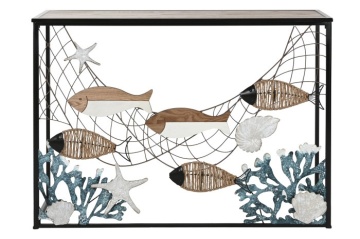 Consolă hol în stil mediteranean, din metal și lemn, negru și natur, cu panou decorativ cu plasă de pescar și pești, 80 x 108 x 37 cm, „Oceans” - Img 6