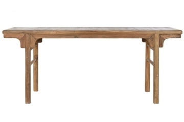 Consolă hol vintage din lemn de tec reciclat, natur, cu blat cu capete profilate și console sculptate, 82,5 x 194,5 x 50,5 cm, „Louviers”