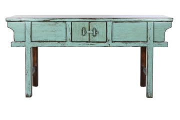 Consolă hol vintage din lemn de ulm, turcoaz, cu 2 sertare, 2 uși și zăvor din lemn, 88 x 170 x 49 cm, „Azure”