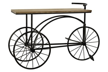 Consolă hol vintage din metal și lemn, negru și natur, cu bază în formă de tricicletă, ghidon și roți cu spițe, 82 x 128 x 40 cm, „Bycicle”
