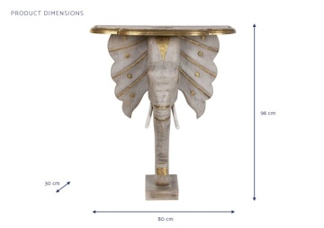 Consolă îngustă în stil etnic, din lemn de mango, gri, cu inserții de alamă și bază sculptată în formă de cap de elefant, 96 x 80 x 30 cm, „Elephas” - Img 4