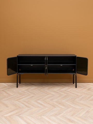 Consolă vintage din metal, cu 4 uși din sticlă opacă, 4 rafturi și mânere circulare aurii, negru, finisaj lucios, 150×38×82 cm, „Ashbury" - Img 4