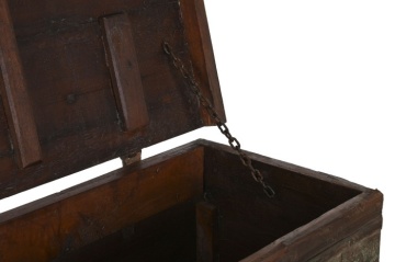 Cufăr vintage din lemn de tec, maro, cu plăci decorative din metal și două zăvoare, finisaj patinat, 98 x 137 x 44 cm, „Trunk” - Img 7