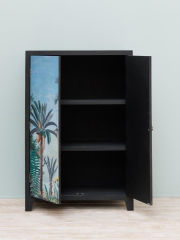 Dulap din lemn de pin, negru, cu 2 uși decorate cu peisaj tropical, 2 rafturi și mânere cu inel, 120 x 81 x 40 cm, „Calypso” - Img 5