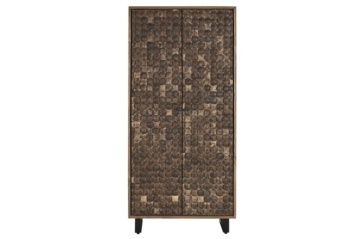 Dulap din lemn de tec reciclat, înalt și îngust, natur, cu 2 uși placate cu fibră de cocos, 10 rafturi și picioare din metal, 200 x 80 x 40 cm, „Fumo”