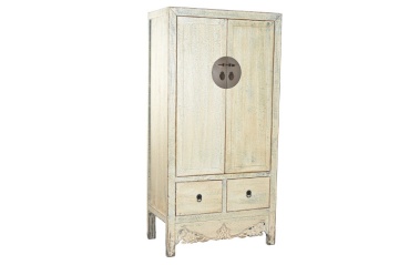 Dulap înalt vintage din lemn de pin, alb, cu 2 uși, 2 sertare, bară pentru haine și medalion din metal, finisaj antichizat, 180 x 88 x 52 cm, „Squr” - Img 3