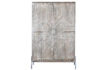 Dulap vintage din lemn de mango, alb, cu 2 uși, 2 rafturi și relief geometric, pe picioare, finisaj patinat, 134 x 85 x 38 cm, „Fougères”
