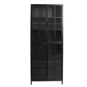Dulap vitrină industrial din metal, negru, cu 4 uși vitrate, 4 rafturi și ochiuri de fereastră, 141 x 60 x 43 cm, „Fenetre”