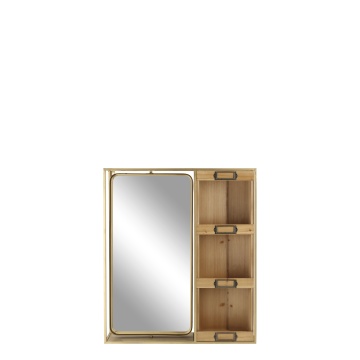 Etajera de perete cu 3 rafturi si oglindă din lemn masiv natur și metal auriu, 62×12×53 cm, Drawers