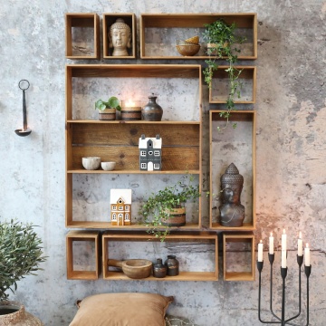 Etajeră de perete din lemn de pin, modulară, natur, set de 9 piese, cu cadre deschise, aspect rustic, 120 x 87 x 11,5 cm, „Sarlat” - Img 2