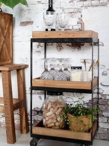 Etajeră pe roți din lemn reciclat și metal, natur și negru, cu 3 rafturi tip tavă, 72 x 39 x 28 cm, „Grimaud” - Img 3