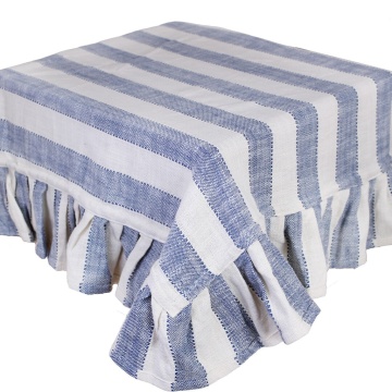 Față de masă din bumbac organic, albastru și alb, model în dungi cu volănaș decorativ, 150 × 250 cm, „Ida Stripe"
