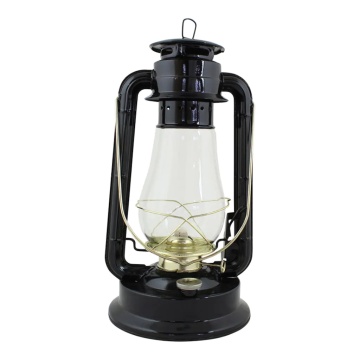 Felinar vintage negru cu petrol, din metal și sticlă, cu detalii aurii, capac de siguranță și fitil inclus, „Hurricane Lantern Black Large"