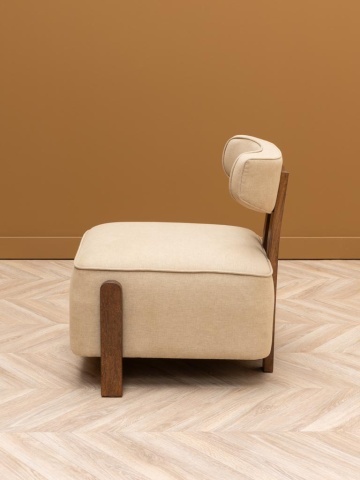 Fotoliu bej pentru living, în stil Art Deco, din bumbac, cu spătar curbat pe stâlpi din lemn de mango maro închis, 59×66×74 cm, „Calley” - Img 5